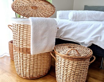 Rond geweven opbergmand met deksel / rieten wasmand / opbergmand / opbergmand / rieten mand / New Home-mand