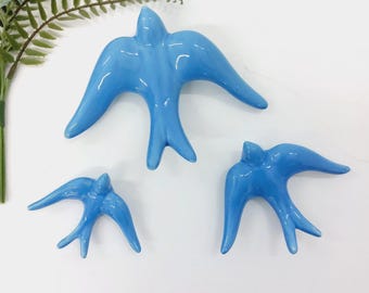 Glazed Azure Blue Swallows / Ceramic Swallows / Ceramic Wall Decor / Ceramic Bird / Bird Art / Wall Ceramic Art / Portuguese Pottery