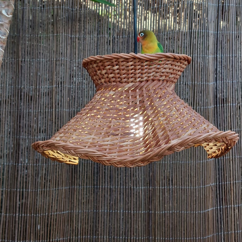 May include: A woven wicker lampshade with a flared design, hanging against a bamboo backdrop. A small, colorful bird with green, yellow, and red plumage perches on the lampshade's rim. The lampshade's dimensions are approximately 18 inches in diameter and 12 inches in height.