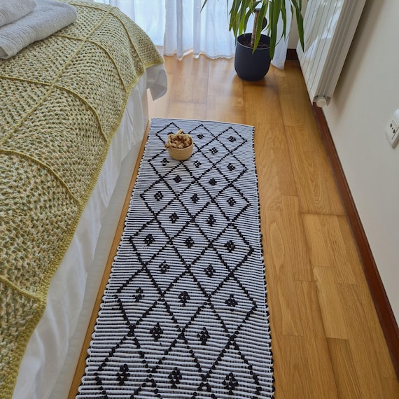 Läufer Schwarz und Weiß 200 cm / Läufer aus recycelter Baumwolle / Küchenteppich / Waschbar Teppich Läufer / Teppich Läufer / Teppich Läufer