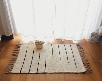 Mini Cream and Black Rug / Cotton Rug / Soft Rug / Nursery Rug / Bathroom Rug / Bath Mat / Minimalist Rug / Shower Mat / Washable Rug