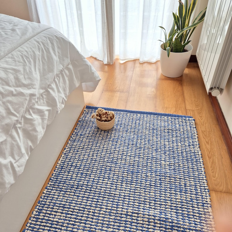 Medium Cream and Cornflower Blue Rug 70x140cm / Rug for Bedroom ...