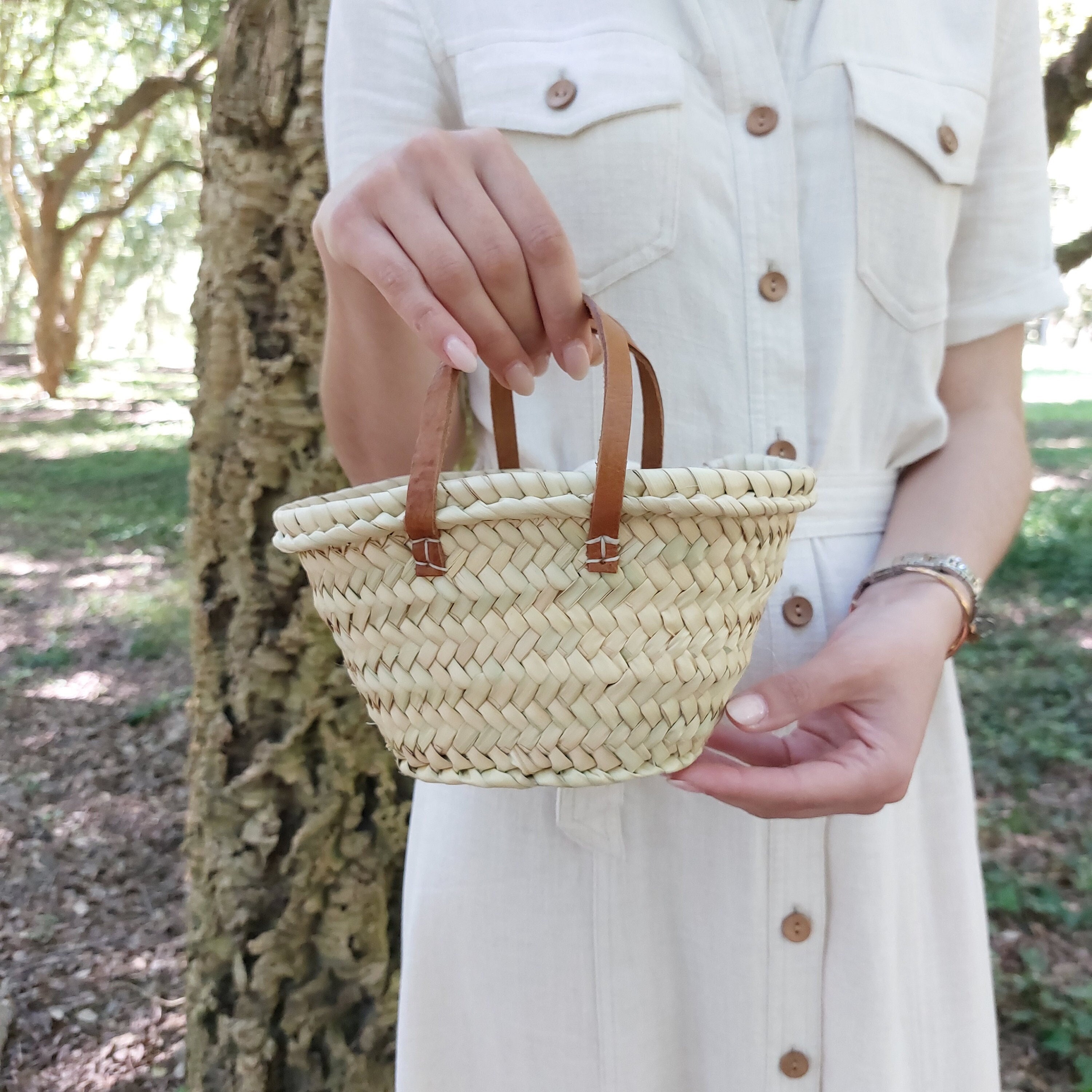 Mini Flower Basket With Leather Handle / Flowers Basket / Basket