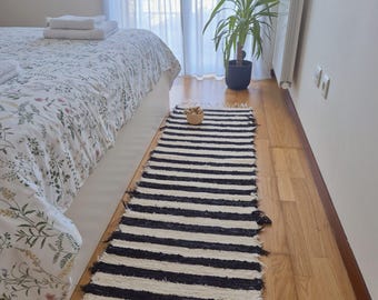Langer Teppichläufer / Läufer 300 cm / Gestreift Schwarz Creme / Küchenteppich / Rustikaler Teppich / Teppichläufer / Handgewebter Teppich / Langer Teppich
