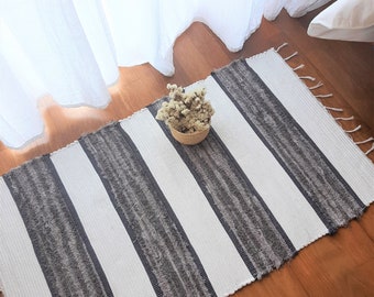 Small White and Anthracite Rug / Cotton Rug / Bath Mat / Rugs for Bedroom / Kitchen Rug / Vintage Rug / Hallway Rug / Handmade Rug