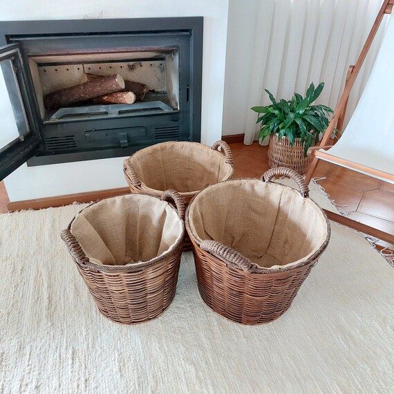 Cesto Per Legna In Vimini Grigio Anticato, Grande 80 Litri, Con Manici In Corda, Contenitore In Rattan Naturale Per Tronchi, Legna Da Camino, Giocattoli, Biancheria E Scarpe