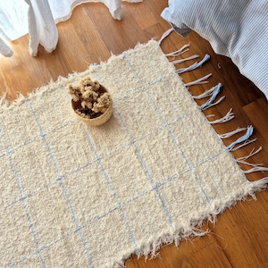 Small Cream Rug With Blue Line Squares / Bathroom Rug / Bedside Rug / Cotton Rug / Soft Rug / Washable Rug / Rugs for Bedroom / Entryway Rug