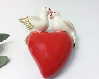 Hand Painted Ceramic Swallows With Heart / Bird Art / Ceramic Swallows / Ceramic Wall Hanging / Entry Decor / Sympathy Gift / Gif For Mom