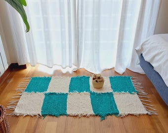 Small Emerald Green and Cream Rug 50x100cm/ Super Soft Rug / Checkered Rug / Handmade Rug / Cotton Rug / Bathroom Rug / Machine Washable Rug