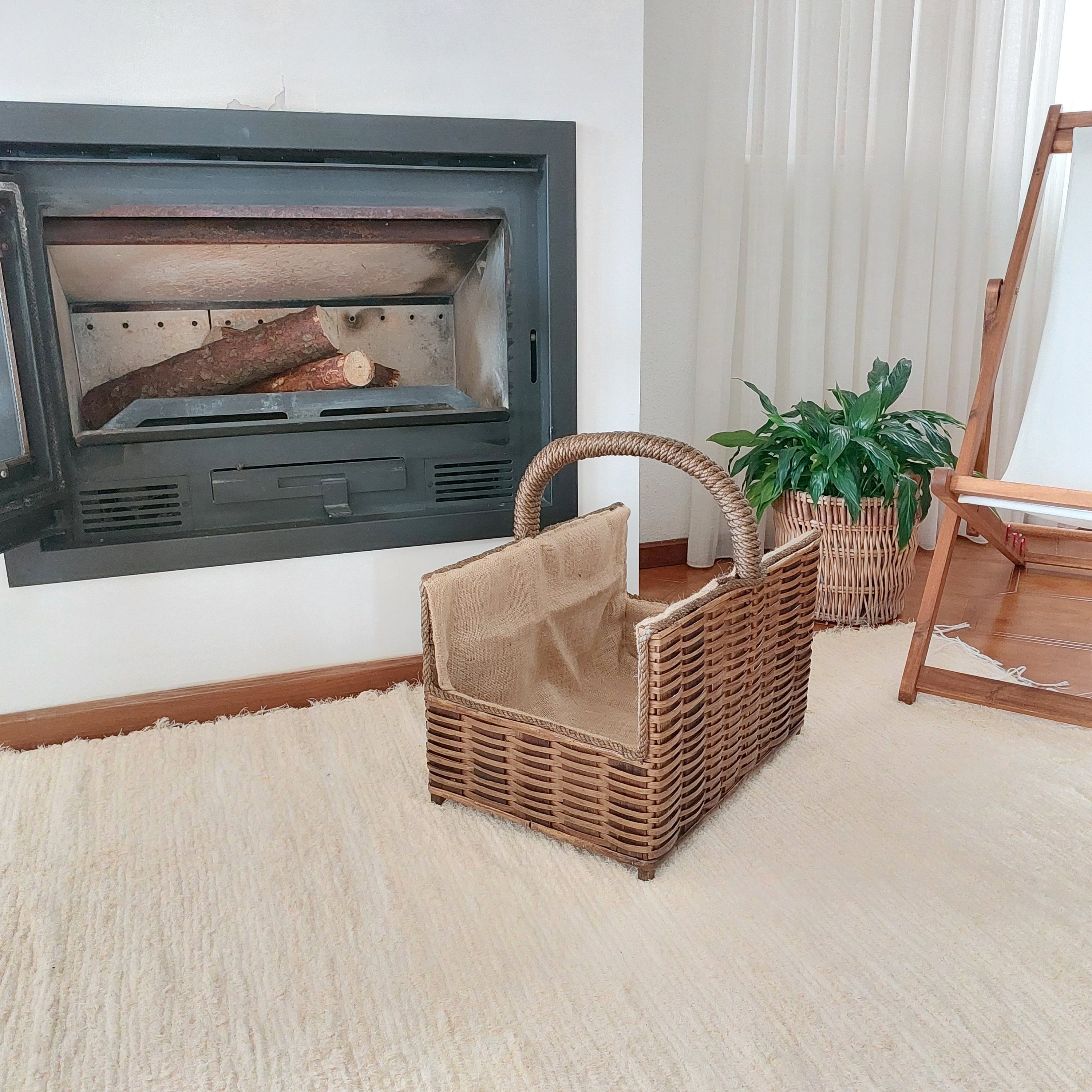 Sturdy Felt Firewood Basket With Wooden Side Handles and Stag