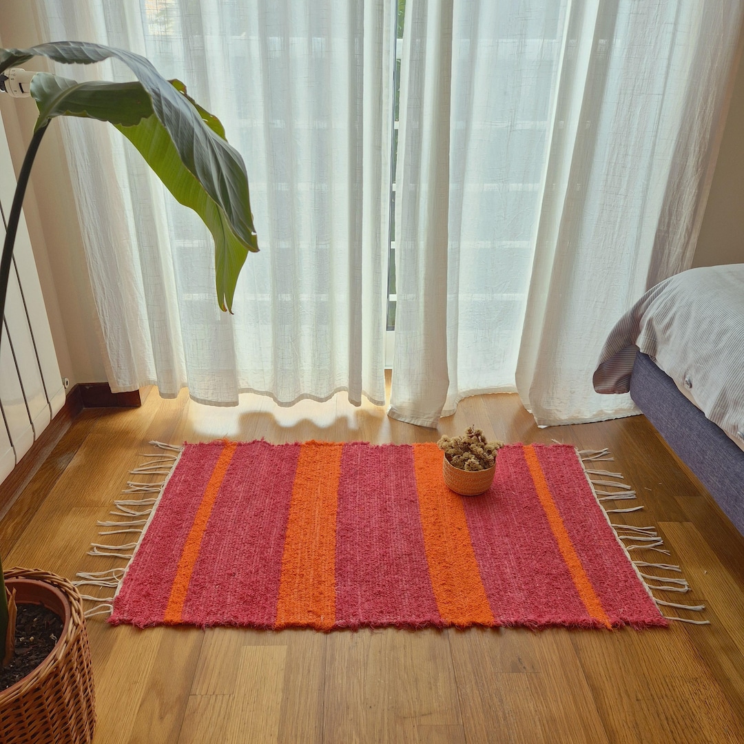 Small Pink and Orange Rug / Handwoven Rug / Striped Rug / Bathroom Rug ...