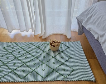 Small Green and White Rug / Handwoven Rug / Unique Rug / Bed Rug / Bath Mat / Boho Rug / Shower Mat / Cotton Rug / Entry Rug / Striped Rug