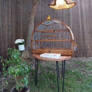 May include: A wooden birdcage with a domed top sits on a wicker table with black metal legs. A small bird is perched on the top of the cage. The cage has a small wooden drawer on the bottom.