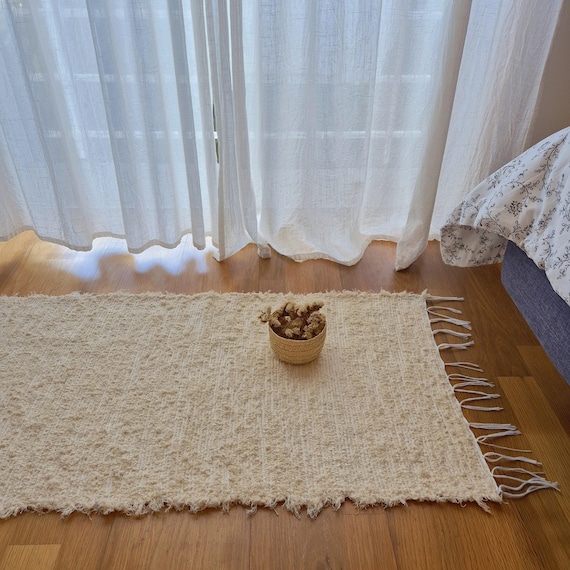Kleiner Creme Teppich / Handgewebter Teppich / Wollteppich / Badezimmer Teppich / Badematte / Nachttisch Teppich / Küchenteppich / Waschbar Teppich / Flur Teppich