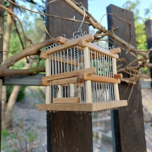 Pu&ograve; includere: Una piccola gabbia per uccelli in legno con una rete metallica all'interno &egrave; appesa a un ramo. La gabbia &egrave; in legno marrone chiaro e ha un design semplice.