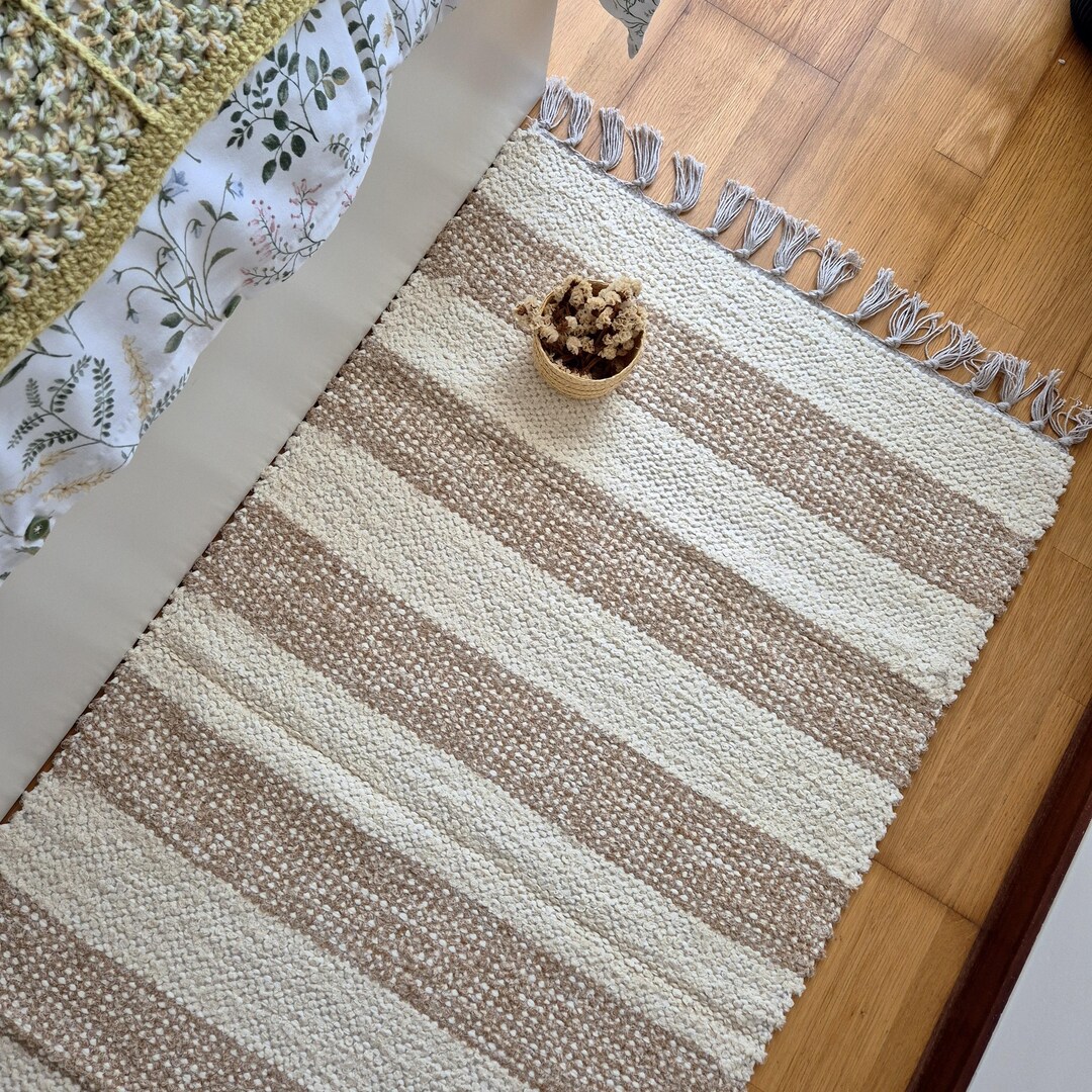 Medium Cream and Light Brown Rug 70x140cm / Bedside Rug / Unique Rug ...