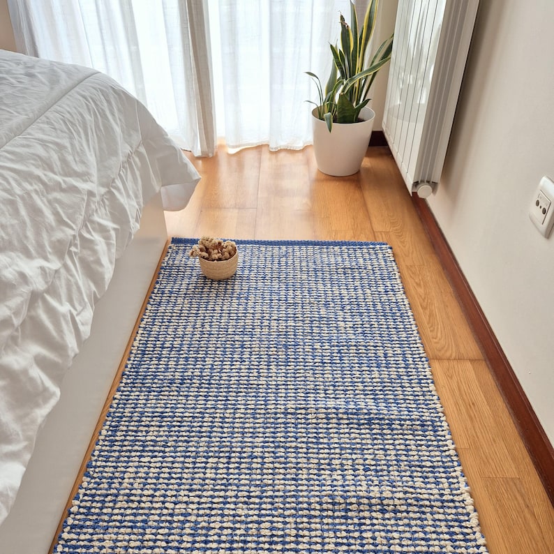 Medium Cream and Cornflower Blue Rug 70x140cm / Rug for Bedroom ...