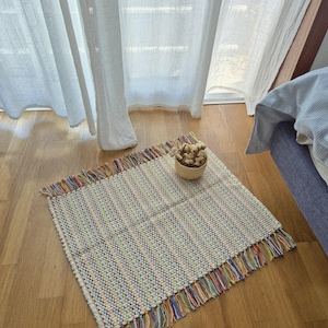 Mini Cream Rug With Colorful Lines / Bath Mat / Bedside Rug / Recycled Cotton Rug / Organic Rug / Handmade Rug / Nursery Rug / Cute Rug