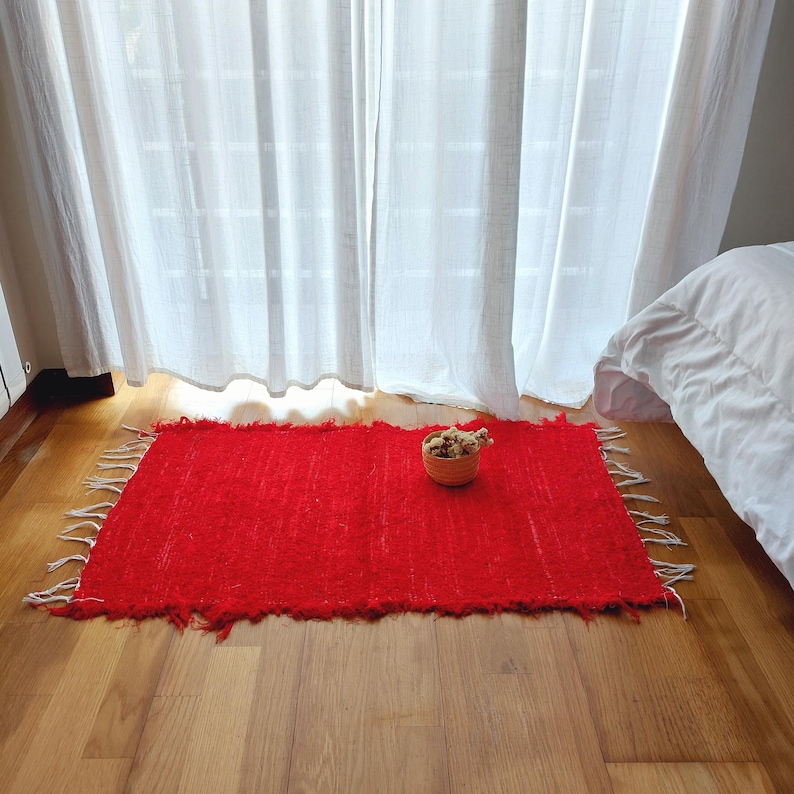 Red Woven Rug Small Red Rug 50x100cm / Soft Rug / Handmade Rug / Cotton Rug / Bedside ...