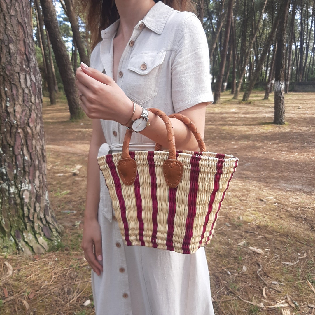 Straw Reed Bag With Leather / Straw Beach Bag / Shopping Bag / Basket ...