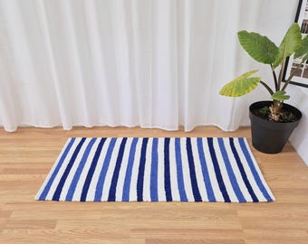 Medium Blue and White Rug 70x140cm / Handwoven Rug / Striped Rug / Doormat Rug / Bathroom Rug / Recycled Rug / Modern Rug / Cotton Area Rug
