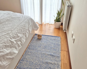 Medium Cream and Cornflower Blue Rug 70x140cm / Rug For Bedroom / Bathroom Rug / Rag Rug / Cotton Rug / Room Rug / Floor Mat / Entryway Rug