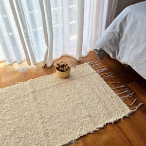 Small Cream Rug With Double Pink Line L / Bedside Rug / Bathroom Rug / Cute Rug / Cotton Rug / Soft Rug / Rug For Bedroom / Scandinavian Rug