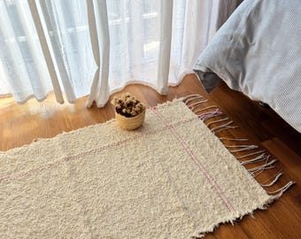 Small Cream Rug With Double Pink Line L / Bedside Rug / Bathroom Rug / Cute Rug / Cotton Rug / Soft Rug / Rug For Bedroom / Scandinavian Rug
