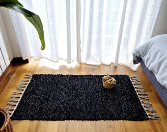 Small Black Silver Rug 50x100cm / Bath Mat / Bedside Rug / Recycled Cotton Rug / Laundry Rug / Rag Rug / Woven Rug / Rustic Home Decor