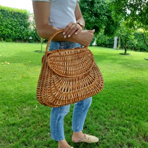 Large Wicker Basket Bag With Two Lids / Market Basket / Vintage Basket Bag / Summer Bag / Basket Purse / Bohemian Bag / Wicker Handbag zdjęcie 5