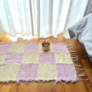 Small Cream and Light Pink Rug 50x100cm / Checkered Rug / Cotton Rug / Bedside Rug / Bathroom Rug / Cute Rug / Bath Mat / Modern Rug