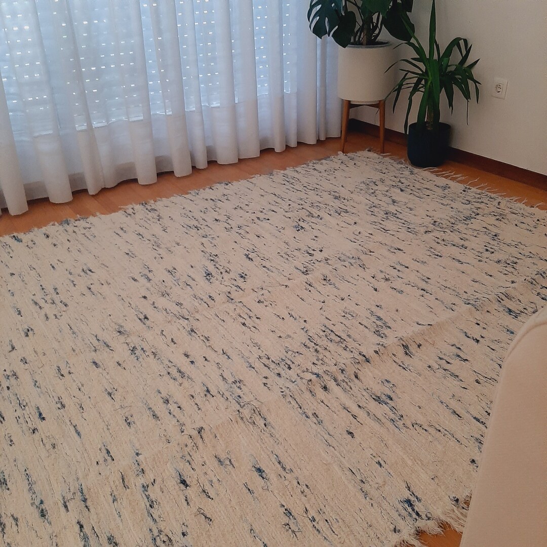 Extra Large Cream and Blue Rug / Handmade Rug / Soft Rug / Cotton Rug ...