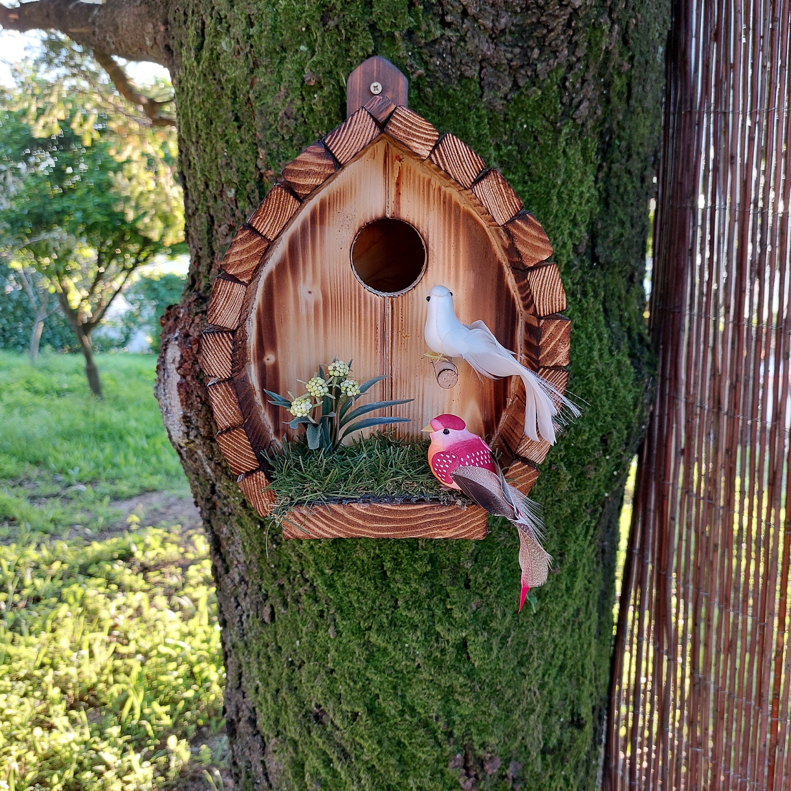 Wooden Bird House For Outdoor Garden – Handmade Birch Plywood Nesting Box For Finches, Chickadees, Sparrows