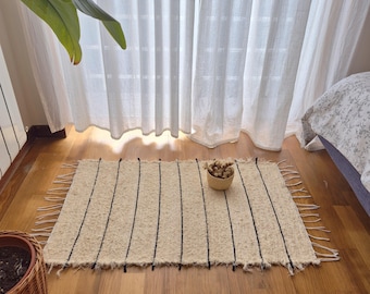 Small Cream Rug With Black Lines / Handmade Rug / Cotton Rug / Striped Rug / Bedside Rug / Bathroom Rug / Cute Rug / Bath Mat / Bohemian Rug