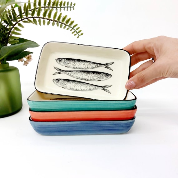 Small Rectangular Ceramic Plate With Sardines Design 16x10x3cm / Sardines Plate / Collectible Plate / Funny Plates / Sardines Decor