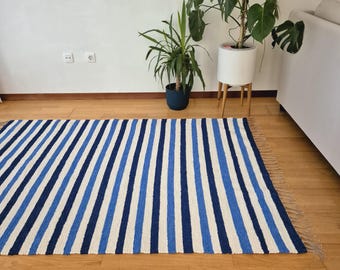 Large Cream and Blue Striped Rug / Vintage Rug / Cotton Rug / Unique Rug / Rug for Living Room / Area Rug / Farmhouse Rug / Rugs for Bedroom