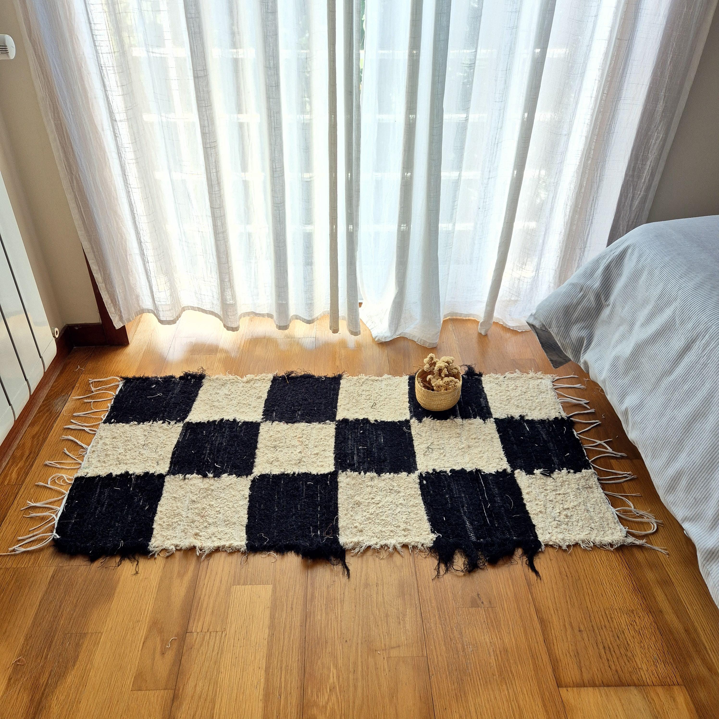 Small Clothe Rug Small Checkered Rug Cream and Black 50x100cm / Handmade Rug / Cotton ...