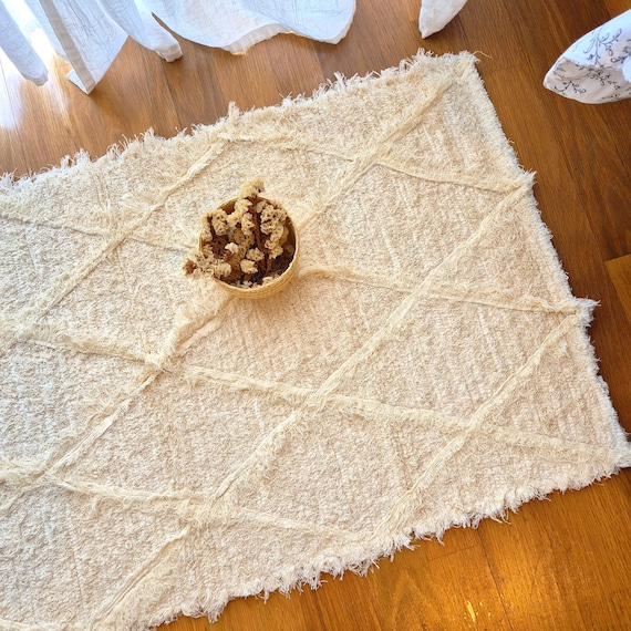 Kleiner Creme Teppich Raute / Handgewebter Teppich / Teppich aus Baumwolle / Badezimmer Teppich / Badematte / Bett Teppich / Moderner Teppich / Teppich Teppich / Flur Teppich