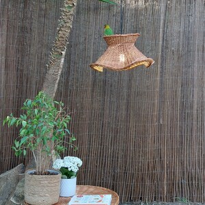 May include: A woven rattan lampshade with a ruffled edge hangs from a black cord. A small green and yellow bird perches on the lampshade. The background features a bamboo fence and a potted plant.