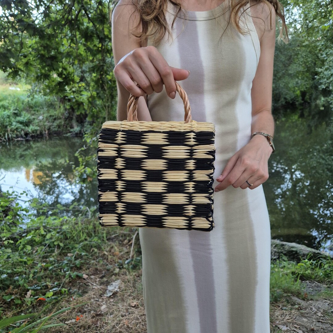 Natural and Black Reed Bag Checkered / Reed Bag / Summer Basket Bag ...