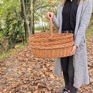 May include: A woven wicker basket with a handle, in a natural brown color. The basket is being held by a person in a wooded area with fallen leaves on the ground.