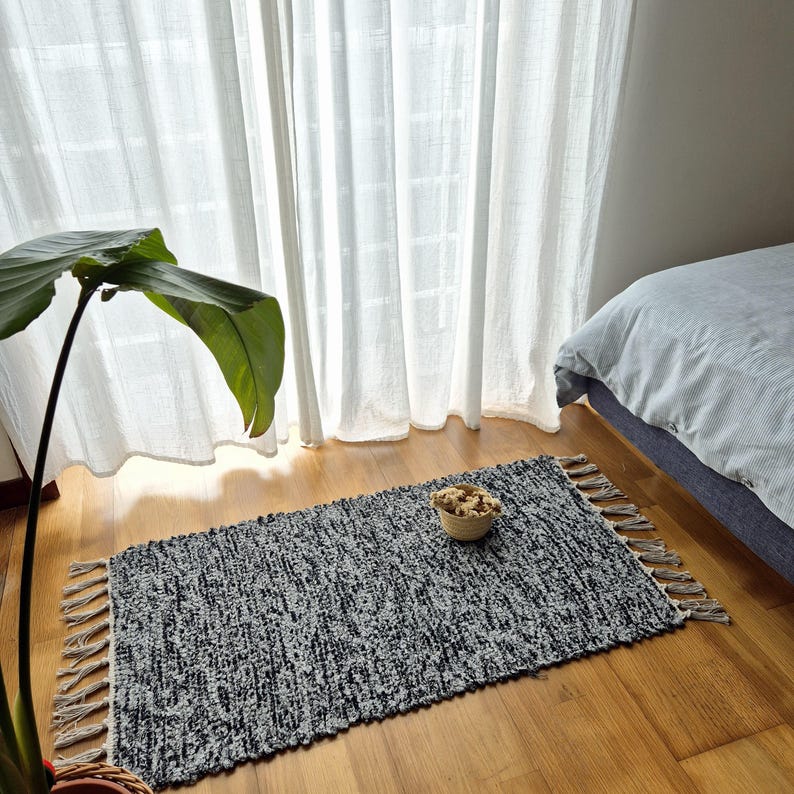Small Black Grey Silver Rug 50x100cm / Handmade Rug / Cotton Rug ...
