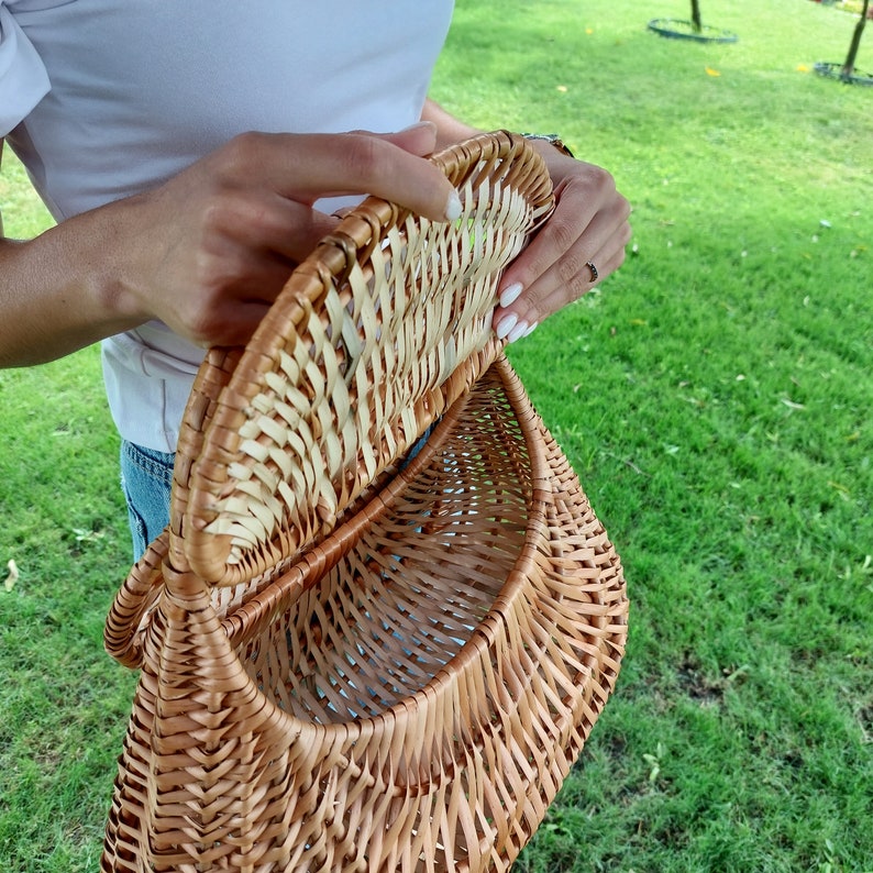 Large Wicker Basket Bag With Two Lids / Market Basket / Vintage Basket Bag / Summer Bag / Basket Purse / Bohemian Bag / Wicker Handbag zdjęcie 9