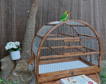 大きな楕円形の鳥かご フルハンドメイド / 茶色の素朴なケージ