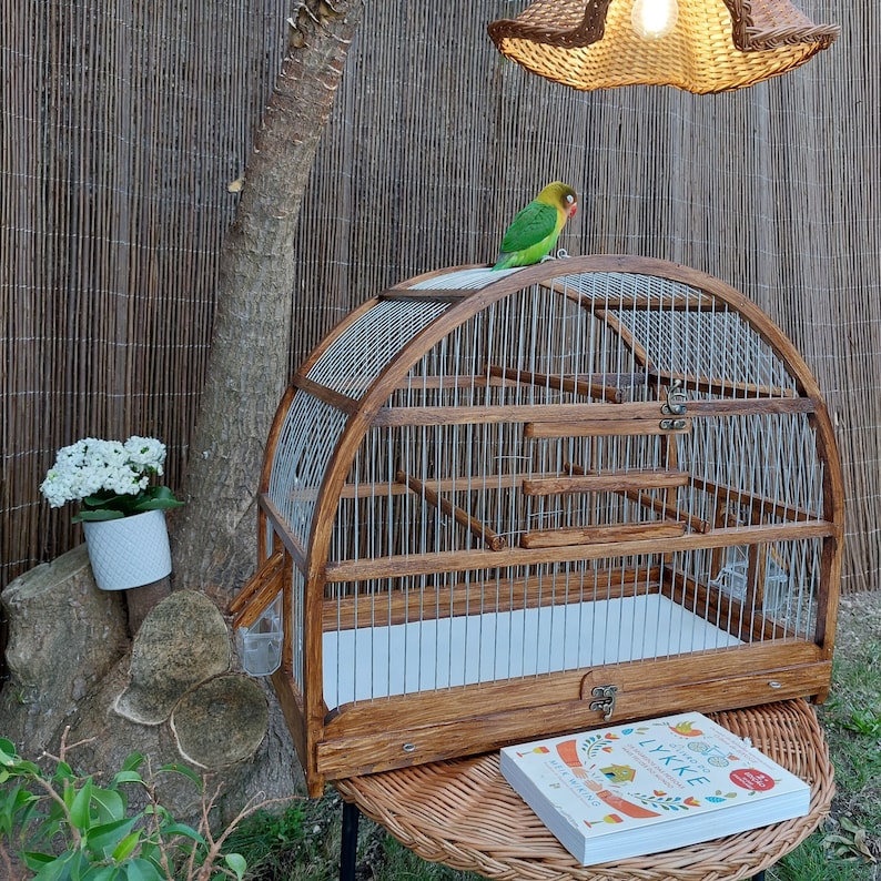 May include: A wooden birdcage with a white interior and a metal wire mesh. The cage has a rounded top and a small door on the side. A green and yellow parakeet is perched on top of the cage.