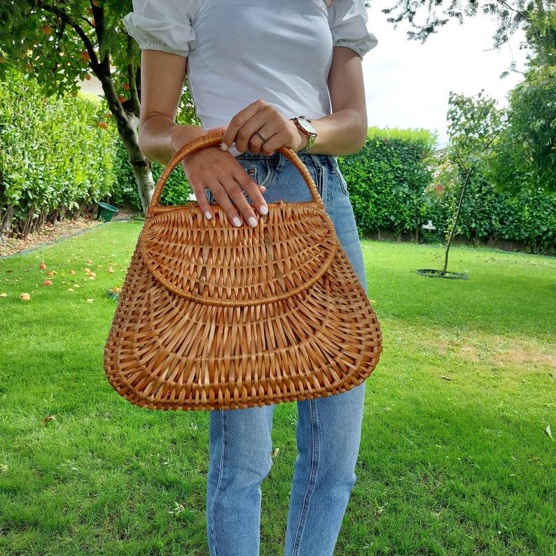 Large Wicker Basket Bag With Two Lids / Market Basket / Vintage Basket Bag / Summer Bag / Basket Purse / Bohemian Bag / Wicker Handbag zdjęcie 1