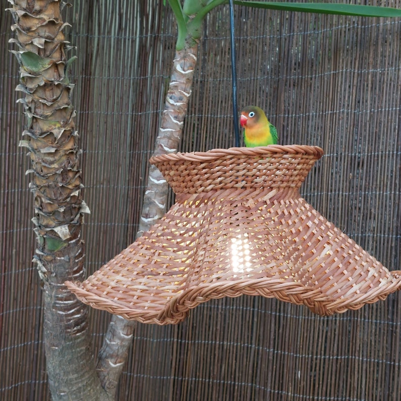 May include: A woven brown wicker lampshade with a flared, ruffled design, hanging from a black wire. A small, colorful parrot with green, yellow, and red plumage perches on the lampshade. The background features a bamboo fence and a palm tree.