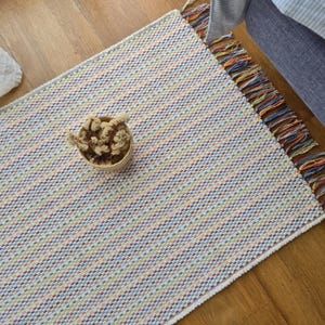 Small Cream Rug With Colorful Lines 60x100cm/ Bath Mat / Bedside Rug / Recycled Cotton Rug / Laundry Rug / Handwoven Rug / Rustic Home Decor