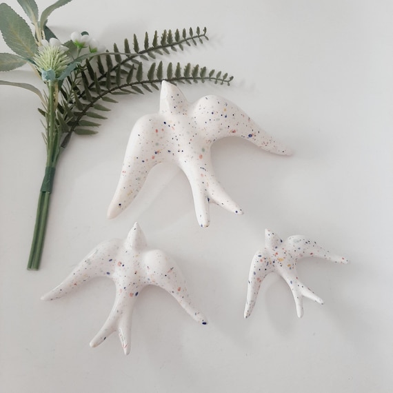 Glazed White Swallows With Colorful Spots / Ceramic Swallows / Glazed Swallows/ Ceramic Bird / Wall Decor / Sympathy Gift / Ceramic Wall Art