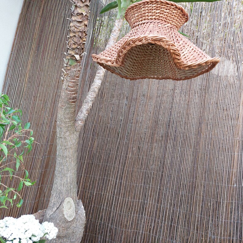 May include: A woven brown lampshade with a flared, ruffled edge hangs from a tree branch. The lampshade is made of natural fibers and has a woven pattern. The background features a brown bamboo fence and a tree trunk.
